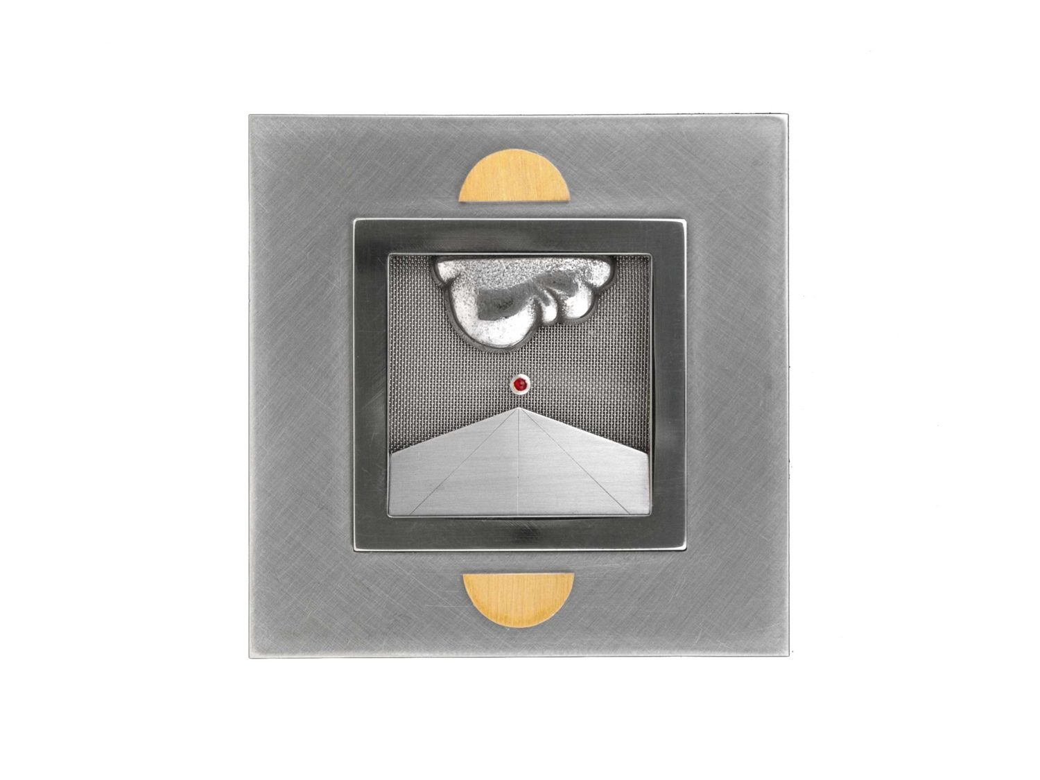 BROOCH, STAINLESS STEEL, WHITE GOLD, GOLD, SILVER, RUBY, 1974