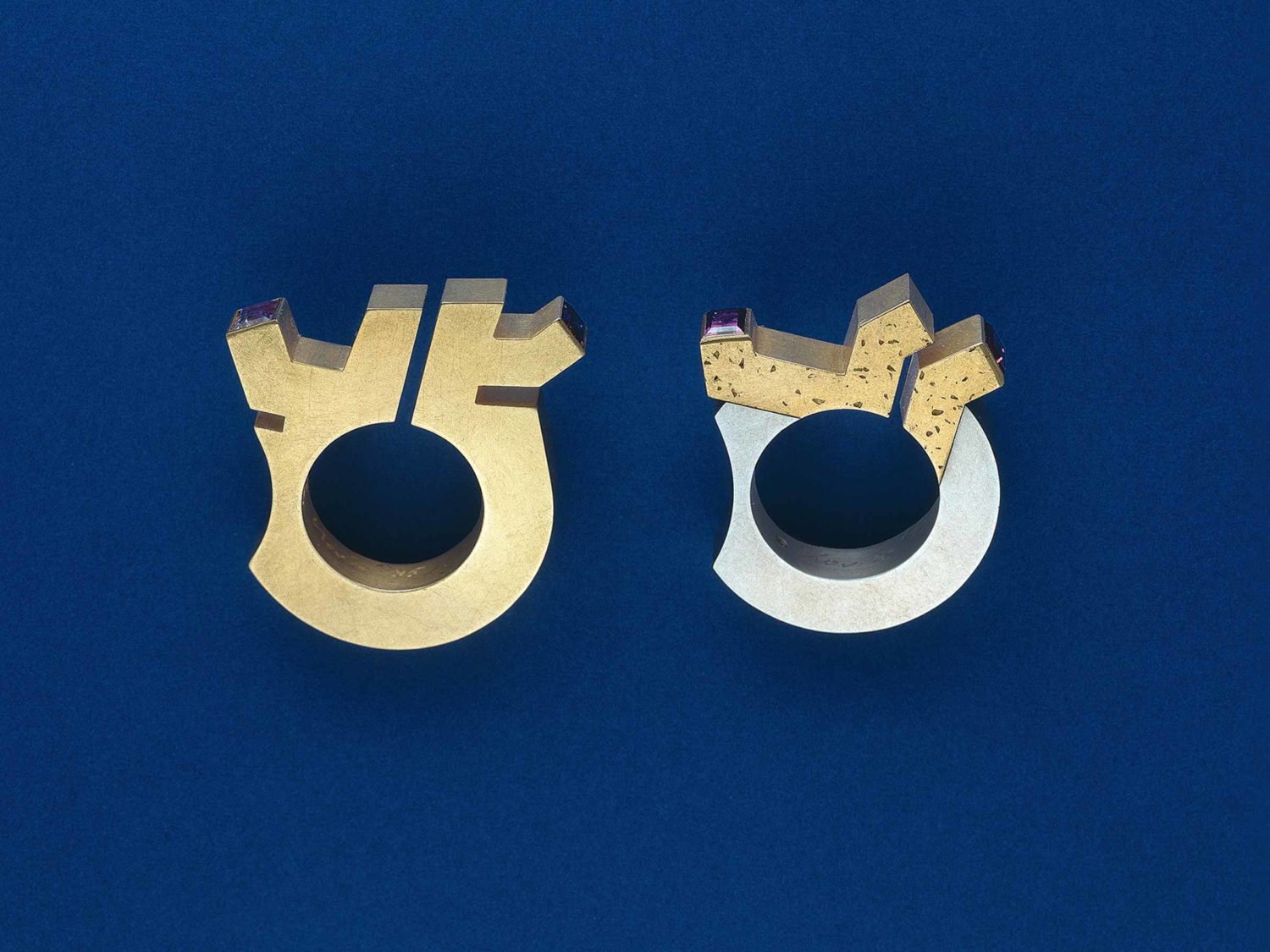 TWO RINGS, 1995, LEFT: GOLD, RUBIES, RIGHT: GOLD, WHITE GOLD, RUBIES