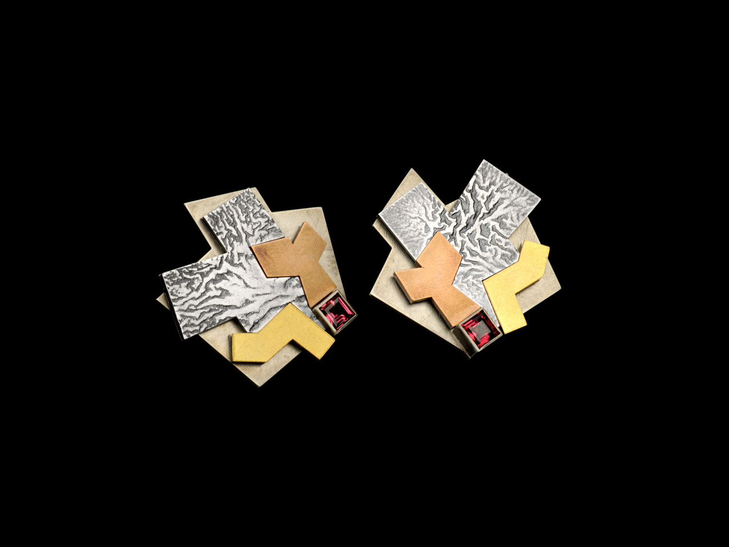 Earrings, oxidized silver, gold, bronze, rubies, 2008