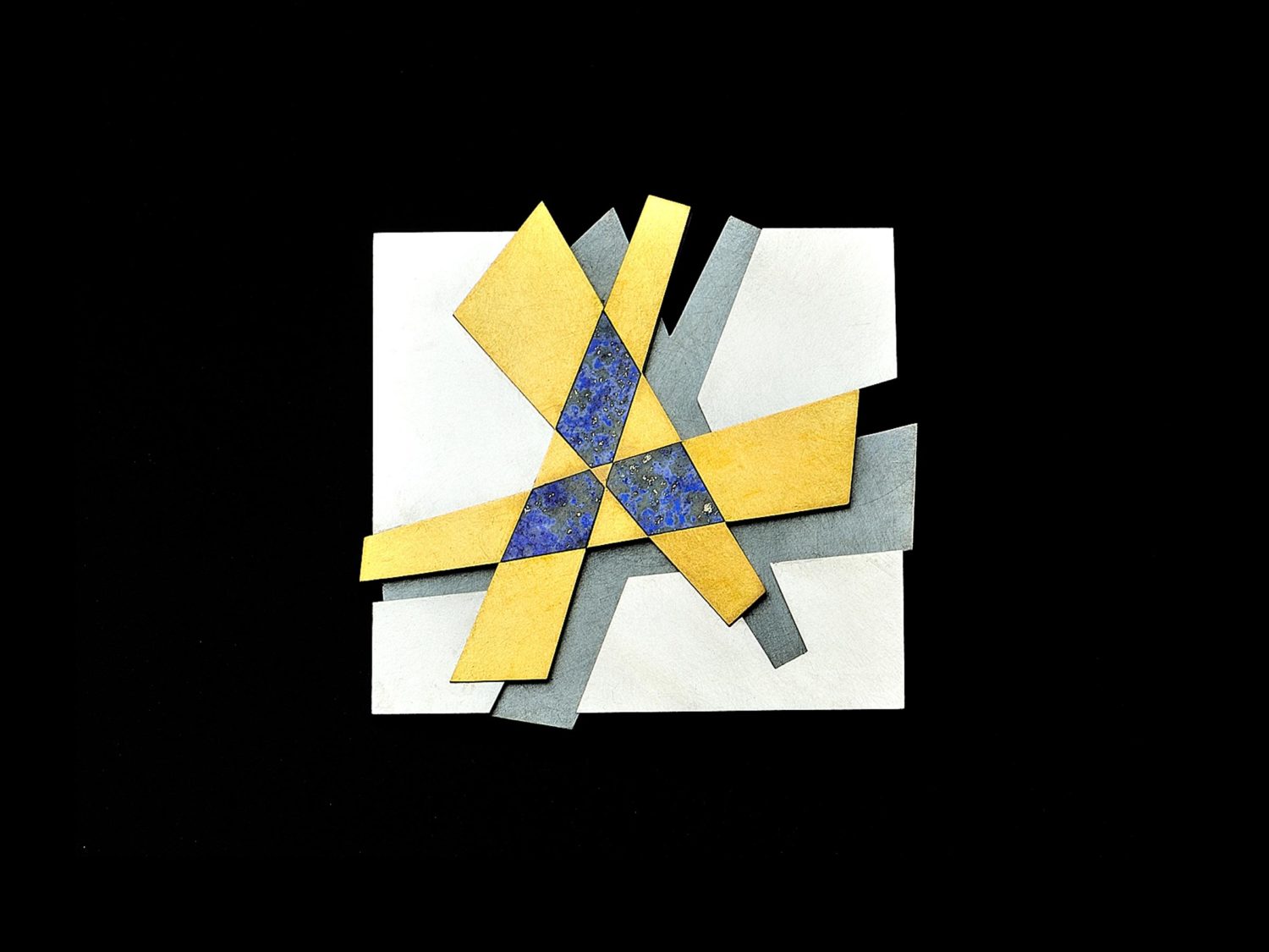 Brooch, gold, oxidized silver, stainless steel, lapis lazuli, 2011